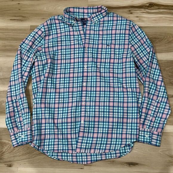 Vineyard Vines Slim Fit Tucker Pink Blue Plaid Button Down Shirt Men’s Large - Picture 1 of 4